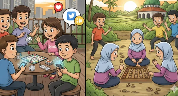Anak-anak bermain congklak dan monopoli saat ngabuburit sebagai alternatif gadget