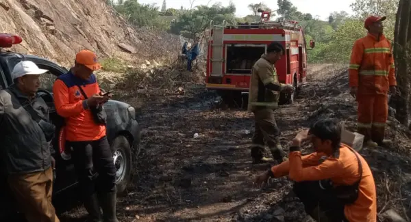 Petugas Damkarmat Tanjungsari memadamkan api kebakaran lahan 3 hektare di Gunung Batu Sumedang