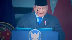 Presiden Prabowo Subianto saat menyampaikan pidatonya dalam acara Pelantikan Praja IPDN di Jatinangor Sumedang